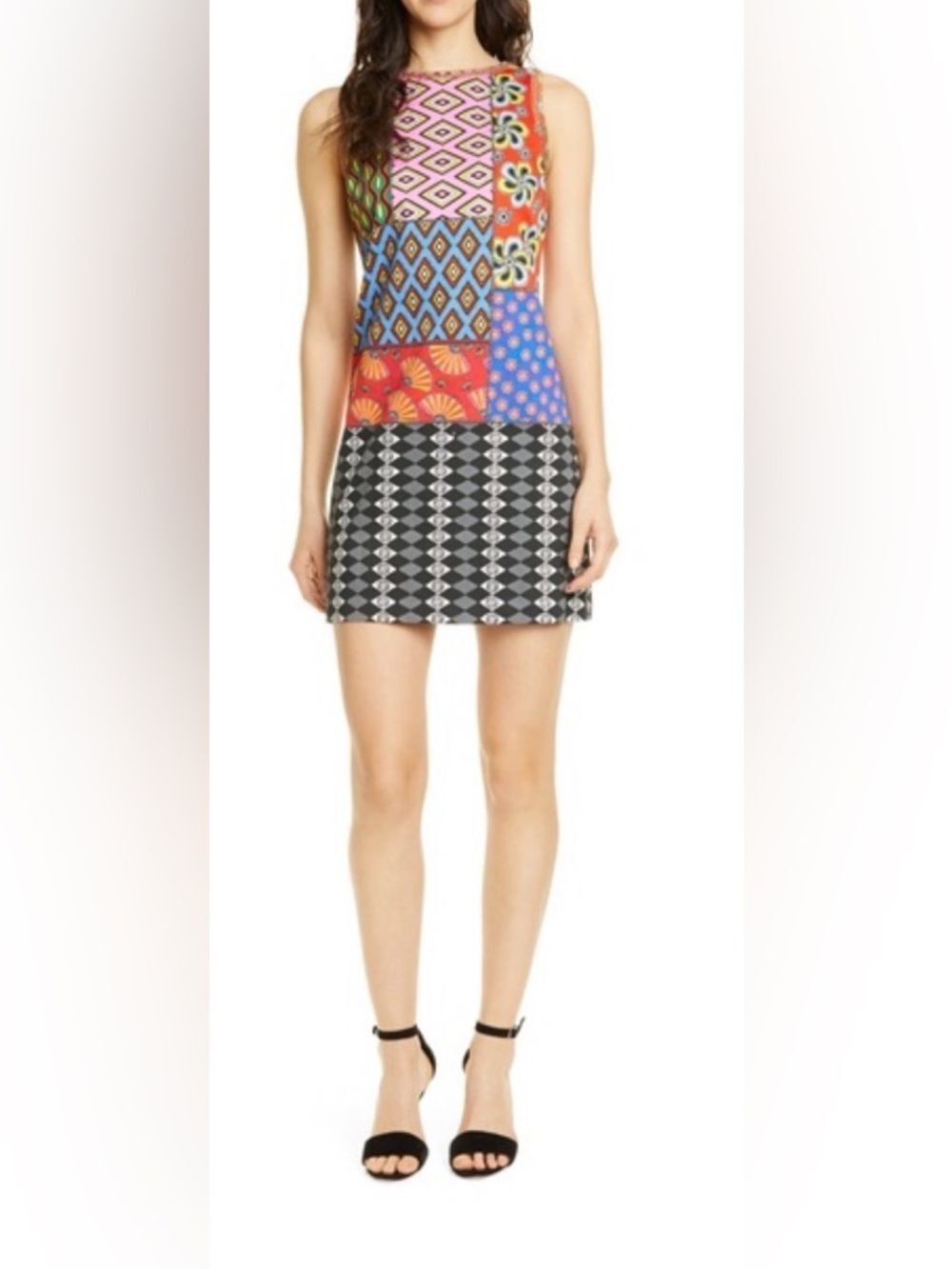 Alice + Olivia Multicolor Patchwork Sleeveless Dress - Red, Blue, Pink, Black
